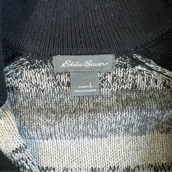 Eddie Bauer Black Grey Stripe 1/4 Zip Up Cotton Knit Sweater, Size Large - Picture 5 of 9